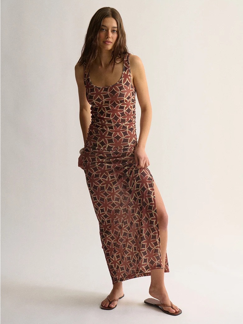 Brown Geometric Scoop Neck Maxi Dress
